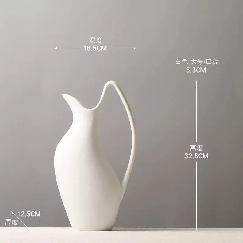 Ceramic vase White kettle shape handle irregular Handmade Flower vase Flower arrangement handicraft ornaments Home Decoration