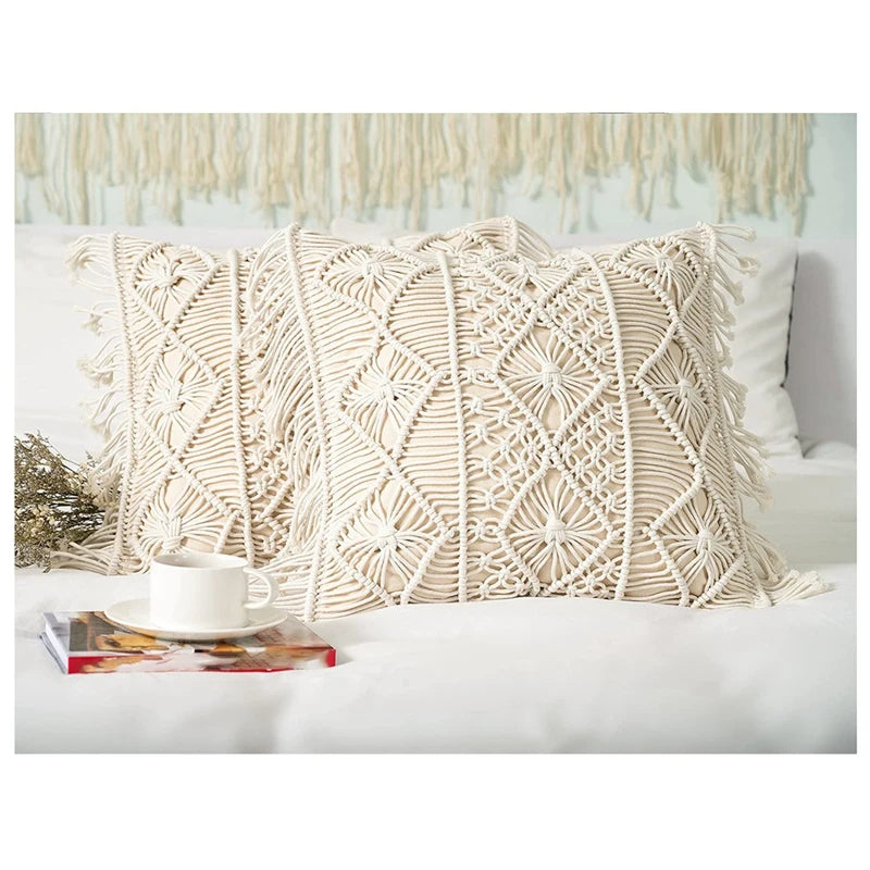 1 Set Of 2 Pillow Cover Boho Cushion Cover Lace Pillowcase Cotton Decorative Fringe