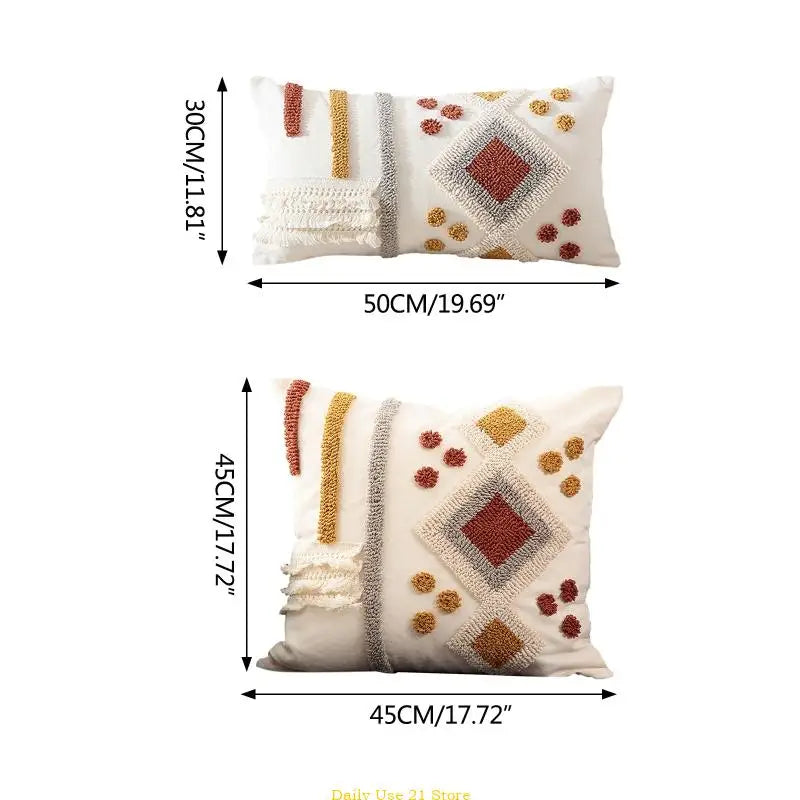 Boho Tufted Pillow for Case with Tassels Multicolor Diamond Striped Cushion Cove