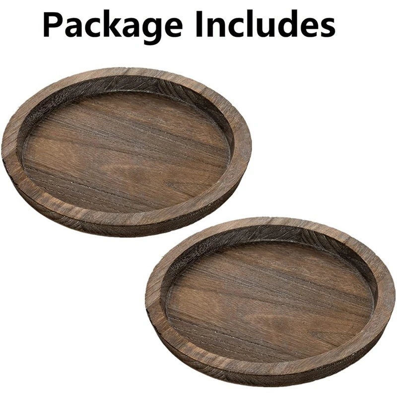 2Pcs Rustic Wooden Tray Candle Holder - Small Decorative Plate Pillar Candle Tray Wood For Farmhouse Dining Table