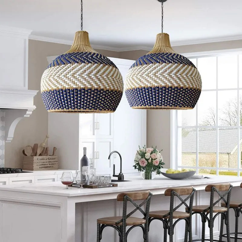 Serena Blue Rattan Pendant Light Creative boho lamp for Dining Room hanging decoration home design farmhouse light fixtures