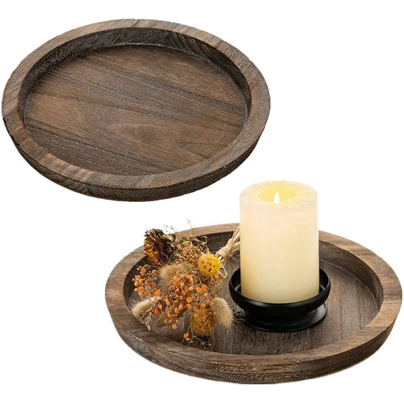 2Pcs Rustic Wooden Tray Candle Holder - Small Decorative Plate Pillar Candle Tray Wood For Farmhouse Dining Table