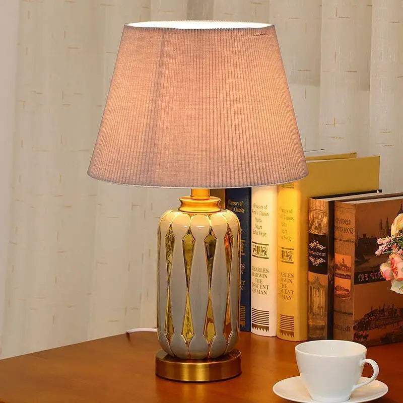 Bedside Ceramic Table Lamp Room Bedroom Decoration Lamps For Living Room Fabric Lampshade Remote Control Desk Lamp LED Lights